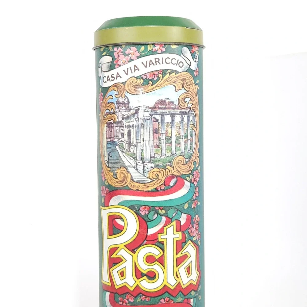 Vtg Pasta Spaghetti Storage Tin Canister Scenic Italy Retro Cottage Decor 11x3